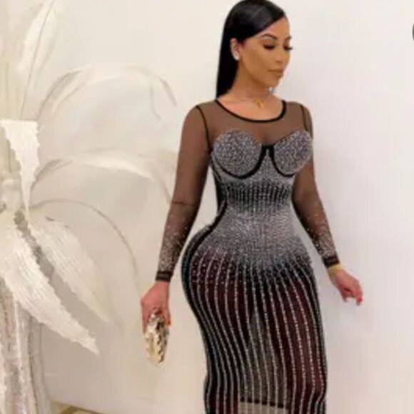 Dresses & Skirts - Malsooa Women Spaghetti Strap V Neck Rhinestone Embellished Bodycon Midi Dress